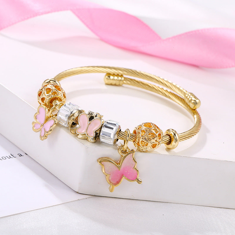 Open stainless steel titanium steel bracelet gold pink gradient Butterfly Pendant Beads Korean jewelry