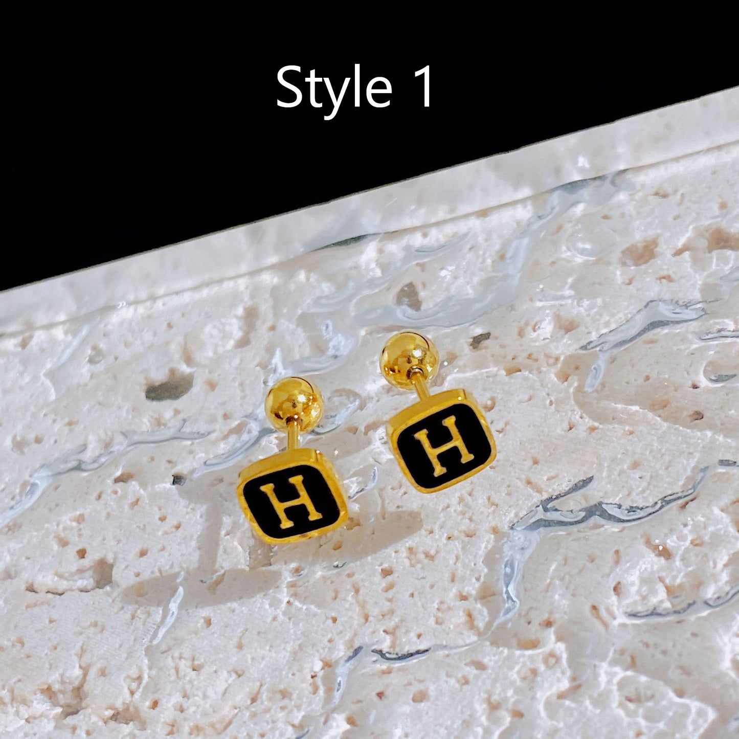 Square H letter drop glaze shell titanium steel stud earrings