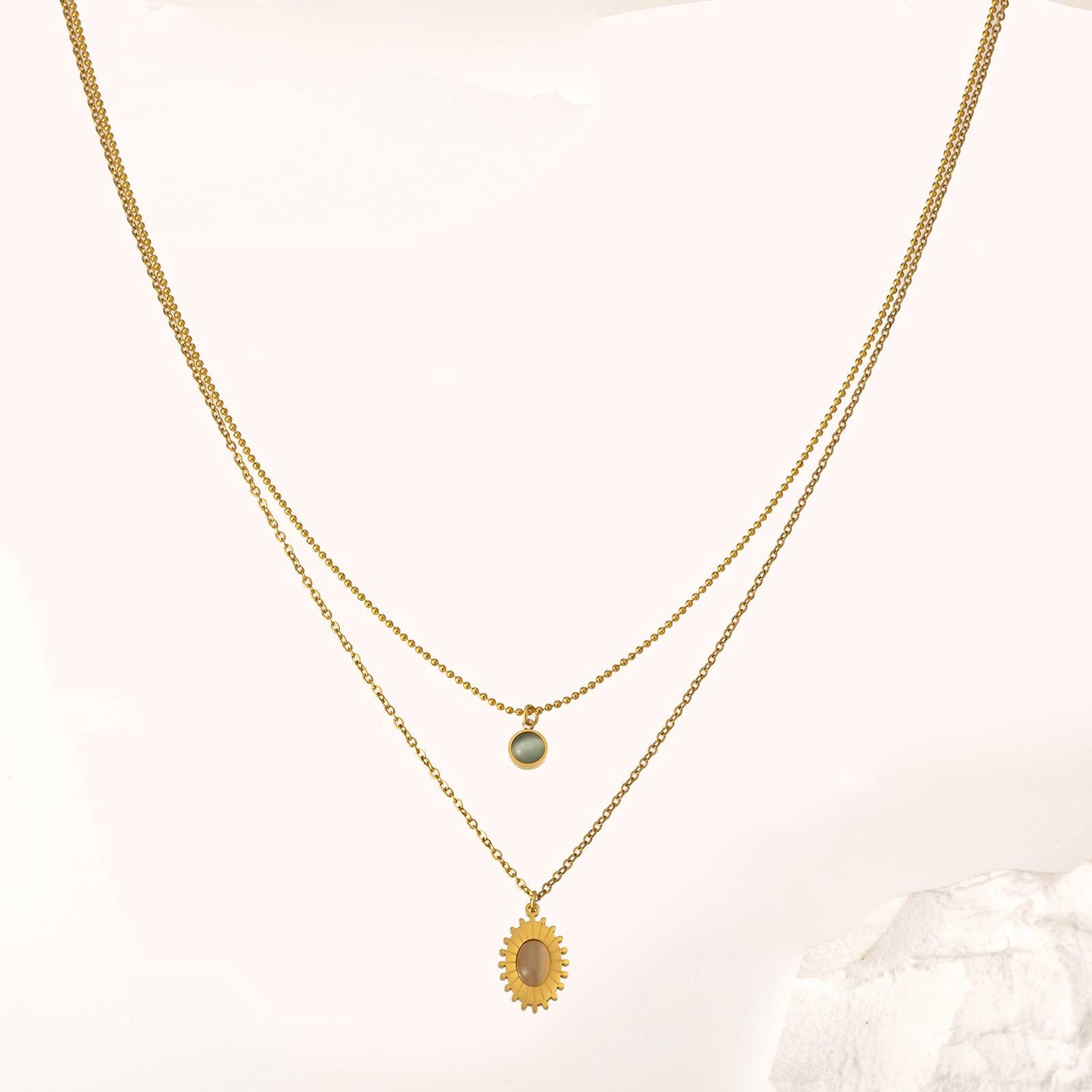 Non-fading oval pendant double layer necklace