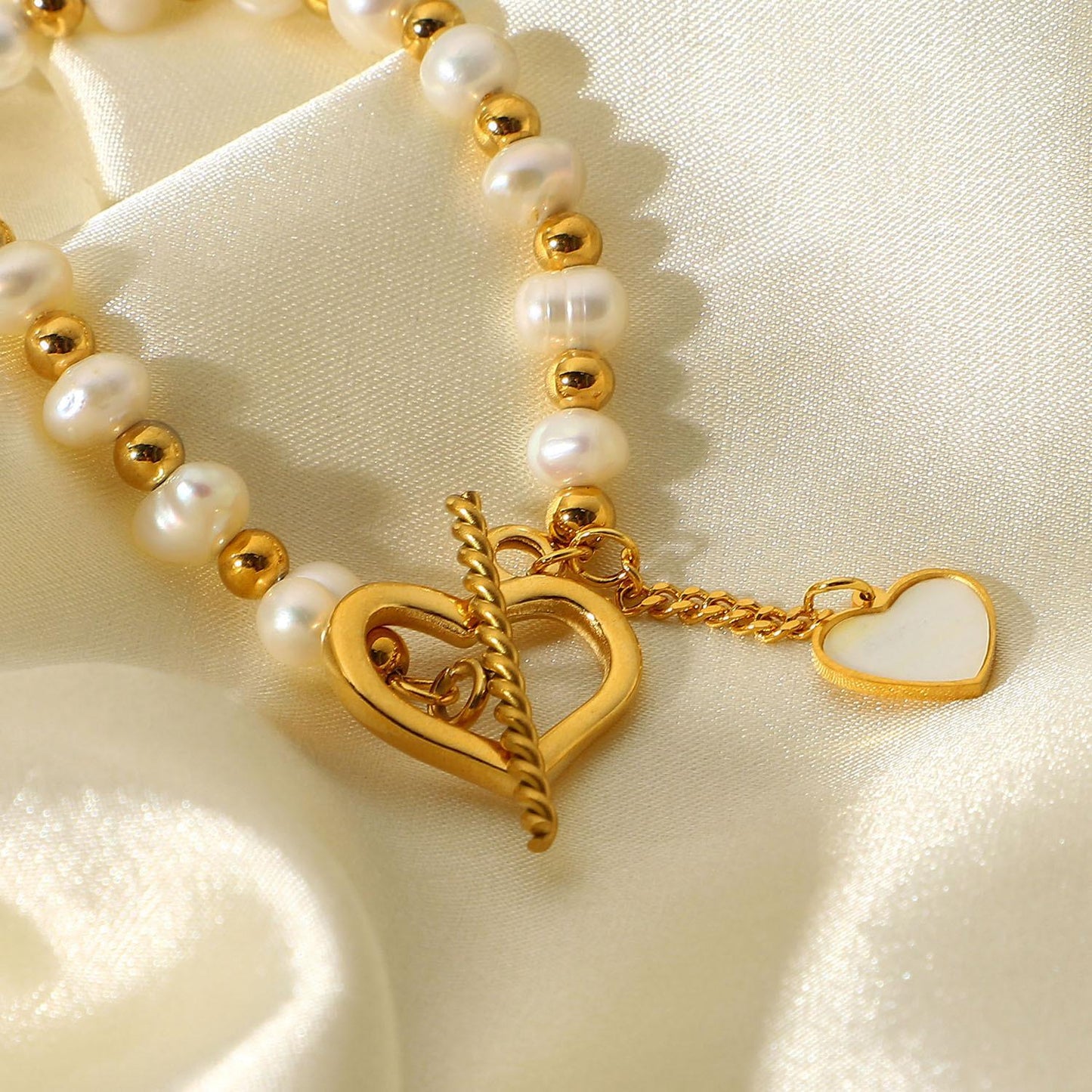 Non-fading Freshwater Pearl Heart Pendant OT Buckle Bracelet