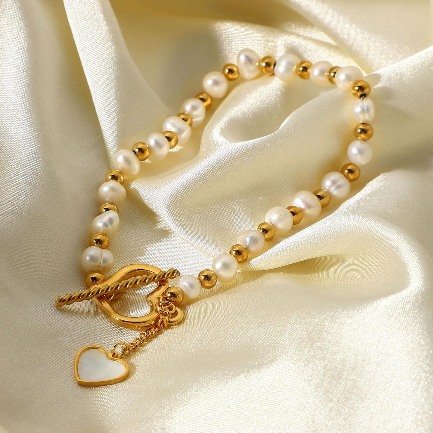 Non-fading Freshwater Pearl Heart Pendant OT Buckle Bracelet