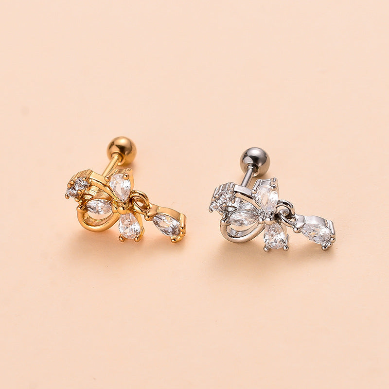 Korean Version Stainless Steel Thin Rod Screw Ball Butterfly Earring Studs