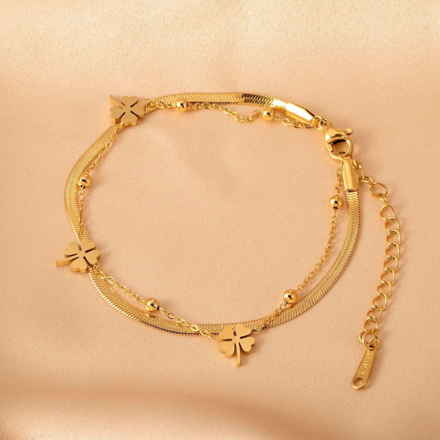 Non-fading double layer Four-leaf clover flat snake bone bracelet