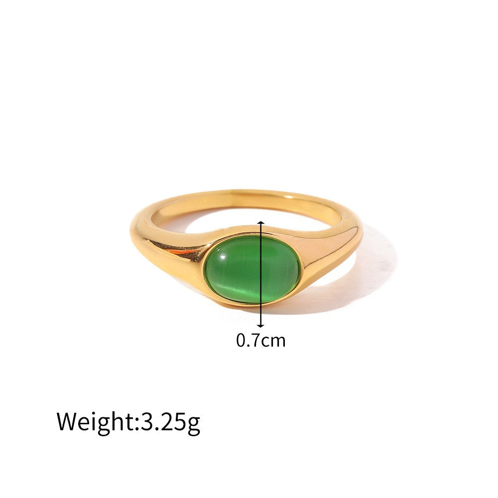 Women Fashion Versatile Titanium Steel Inlaid Oval Shape Gemstone Ring