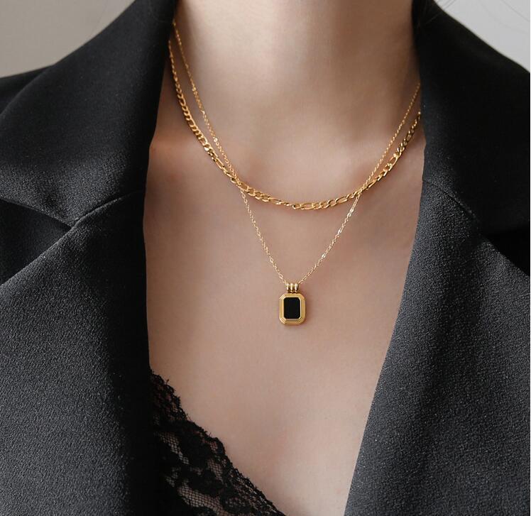 Non-fading Roman black square double layered European and American fashion necklace