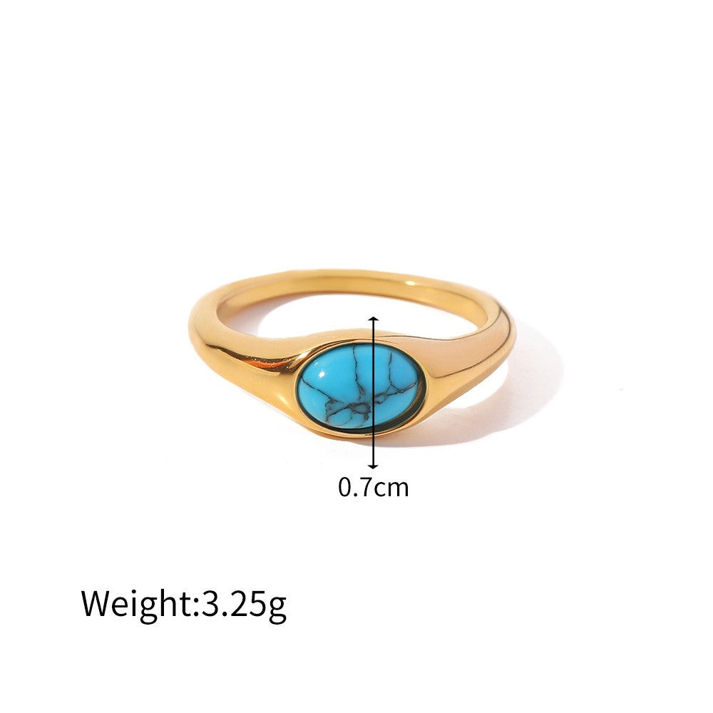 Women Fashion Versatile Titanium Steel Inlaid Oval Shape Gemstone Ring