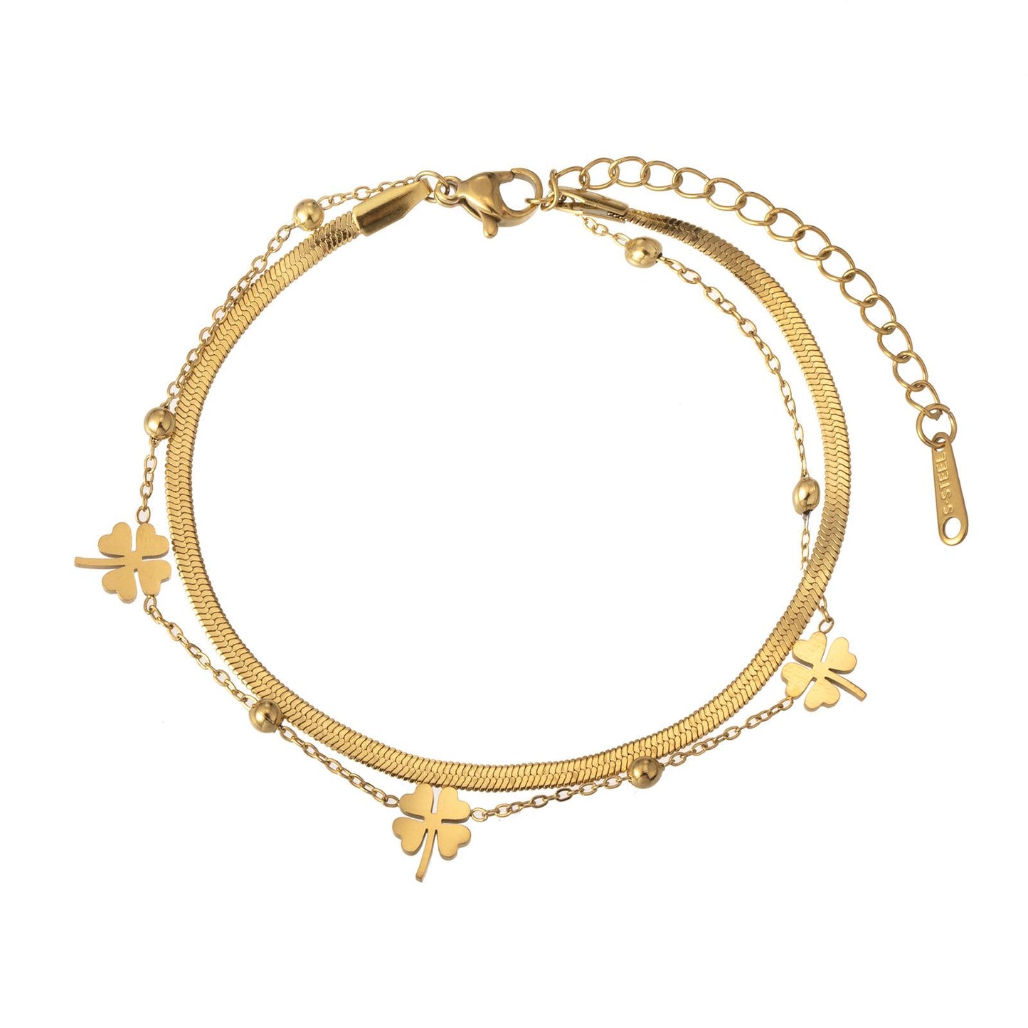 Non-fading double layer Four-leaf clover flat snake bone bracelet