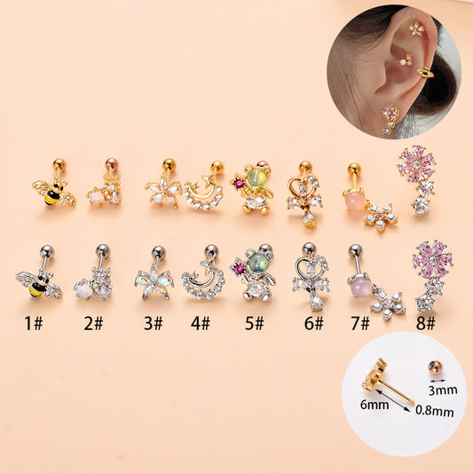 Korean Version Stainless Steel Thin Rod Screw Ball Butterfly Earring Studs