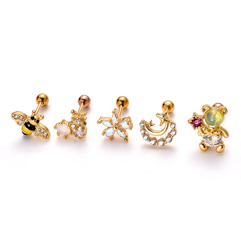 Korean Version Stainless Steel Thin Rod Screw Ball Butterfly Earring Studs