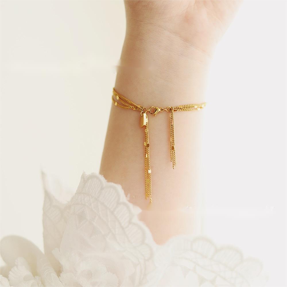 Sparkling three-layer tassel fairy Bracelet titanium steel plated 18K Gold