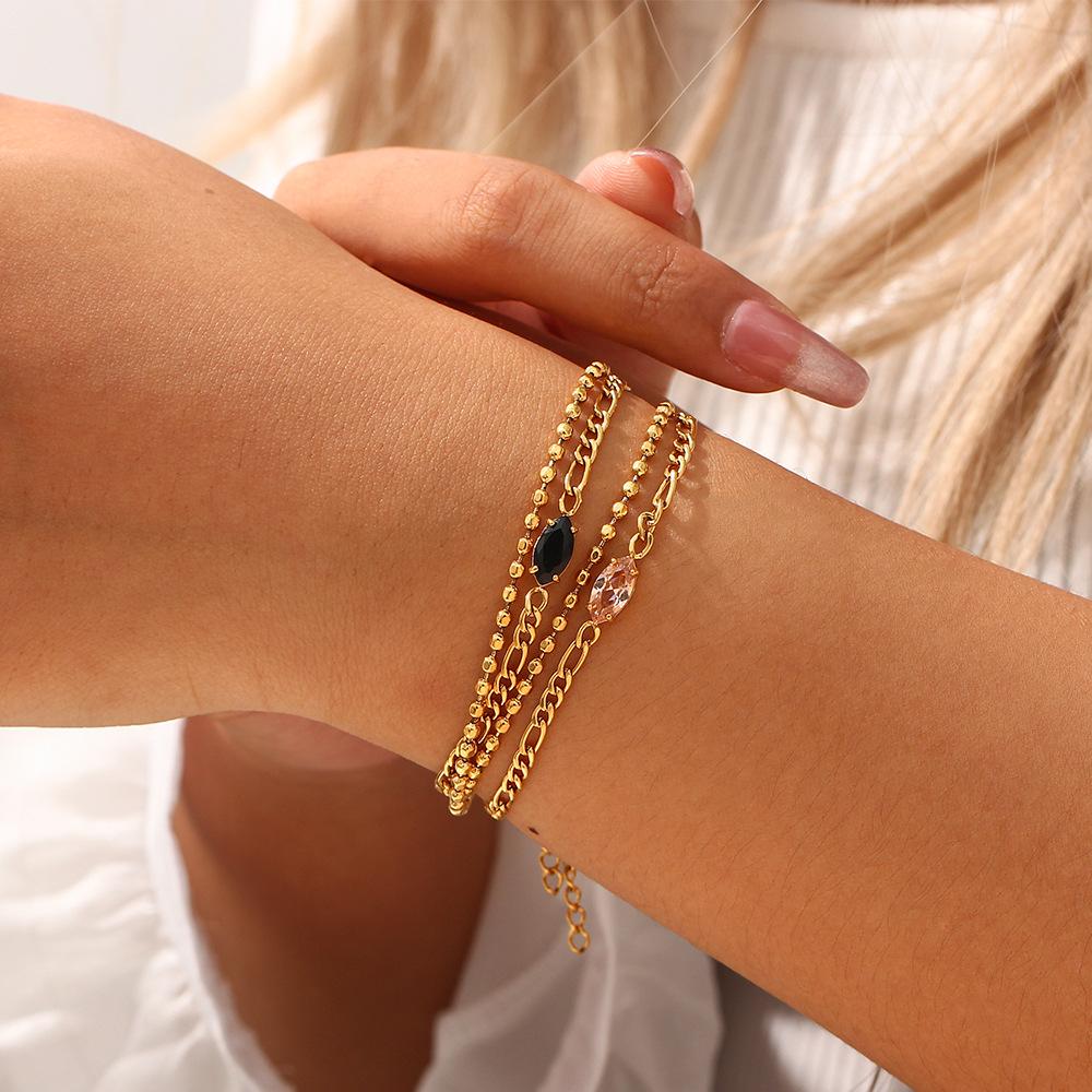 Double Layer Bead Chain Figaro Chain Marquise Zircon Bracelet