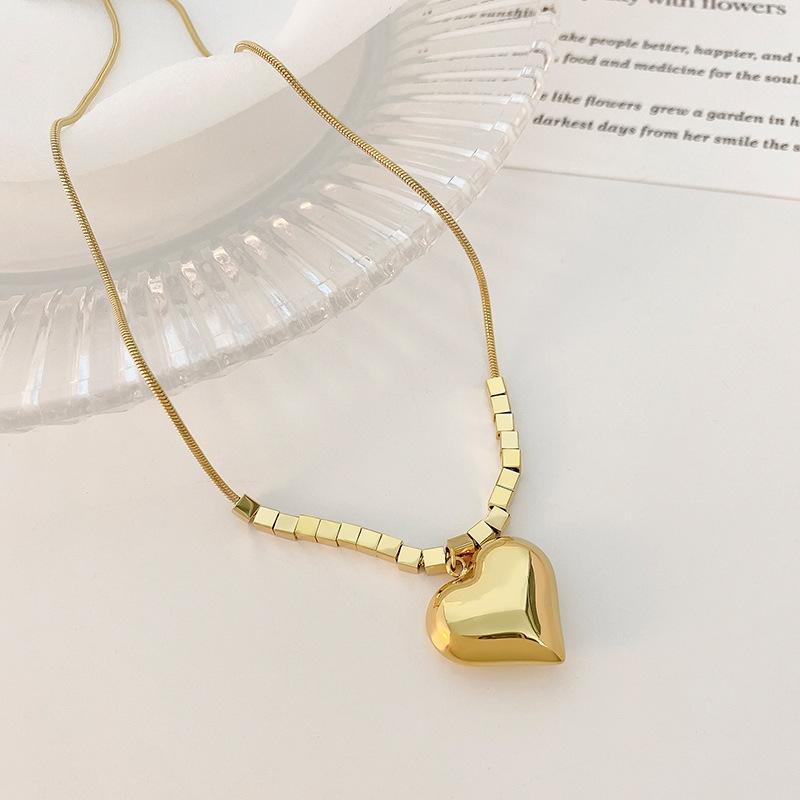 Small square necklace female big heart pendant retro snake bone chain