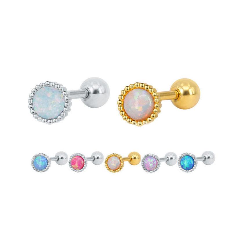 Double Threaded Fine Needle Round Opal Stainless Steel Ear Studs